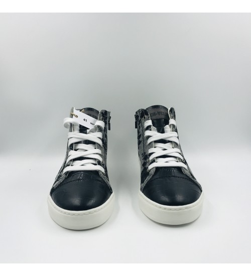 Handmade shoes Grey Damascati and Black coco leather
